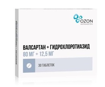 Валсартан+Гидрохлоротиазид, таблетки, покрытые пленочной оболочкой 80мг+12,5мг, 30 шт