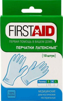 Купить перчатки first aid смотр. н/стер. латекс. опудр., s №10 в Дзержинске