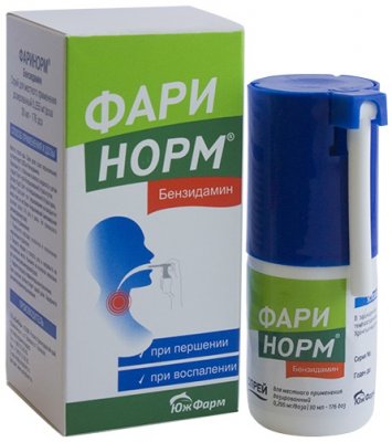 Купить фаринорм бензидамин, спрей для местного применения дозированный 0,255мг/доза, флакон 30мл (176доз) в Дзержинске