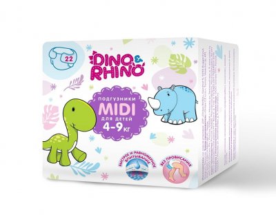 Купить подгузники для детей дино и рино (dino & rhino) размер midi 4-9 кг, 22 шт в Дзержинске