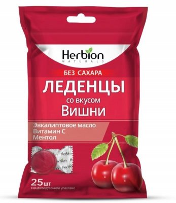 Купить herbion (хербион) с эвкалиптовым маслом, витамином с и ментолом со вкусом вишни без сахара, леденцы массой 2,5г 25 шт бад в Дзержинске