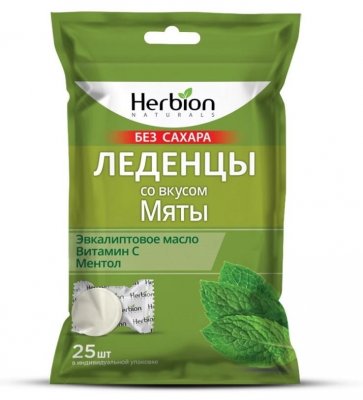 Купить herbion (хербион) с эвкалиптовым маслом, витамином с и ментолом со вкусом мяты без сахара, леденцы массой 2,5г 25 шт бад в Дзержинске