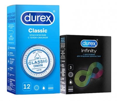 Купить durex (дюрекс) набор: презервативы classic, 12шт + infinity гладкие с анестетиком (вариант 2), 3шт в Дзержинске