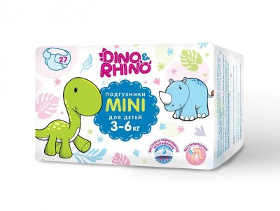 Купить подгузники для детей 3-6 кг дино и рино (dino & rhino) размер мини, 27 шт в Дзержинске
