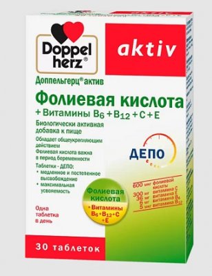 Купить doppelherz (доппельгерц) актив фолиевая кислота + b6 + b12 + c + e, таблетки 30 шт бад в Дзержинске