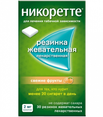 Купить никоретте, резинка жевательная лекарственная, свежие фрукты 2 мг, 30шт в Дзержинске
